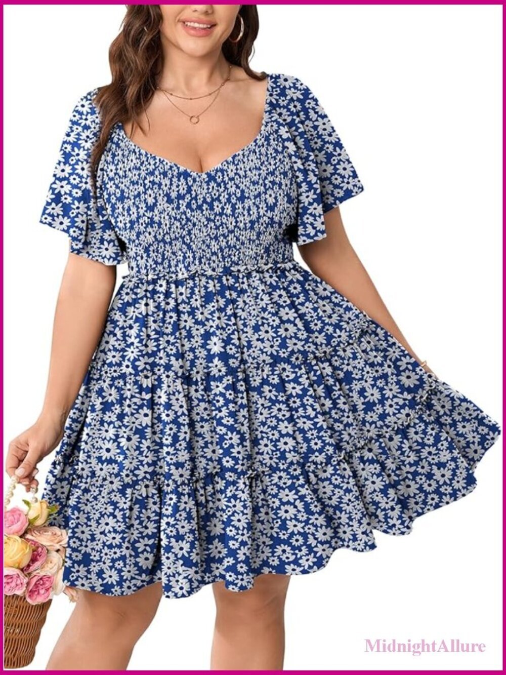 Plus Size Mini Dress Sweetheart Neck Flutter Sleeve Smocked A-Line Tiered Ruffle